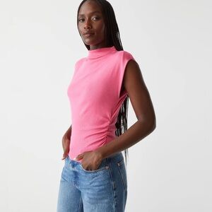 Michael Stars Amara Power Shoulder Ribbed Tee, Pink, Ruched Sides, Mock Neck, M